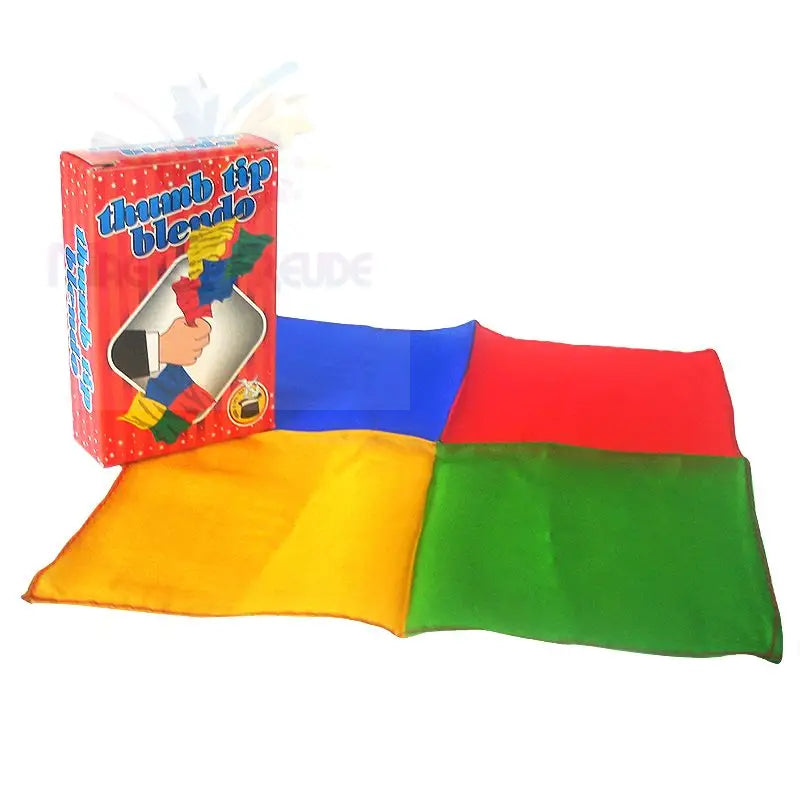Ein Zaubertrickset mit einem roten Kasten mit einer Hand, die bunte Seiden und vier einzelne farbige Seidenquadrate hält.