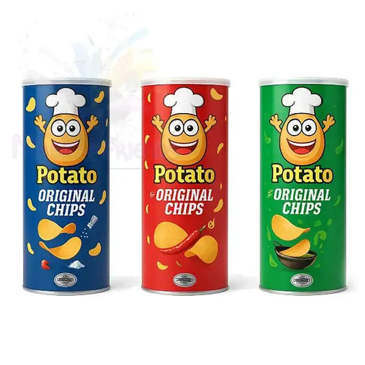 Drei bunte Chips-Dosen mit lachendem Kartoffel-Maskottchen, Original Chips Sorten.