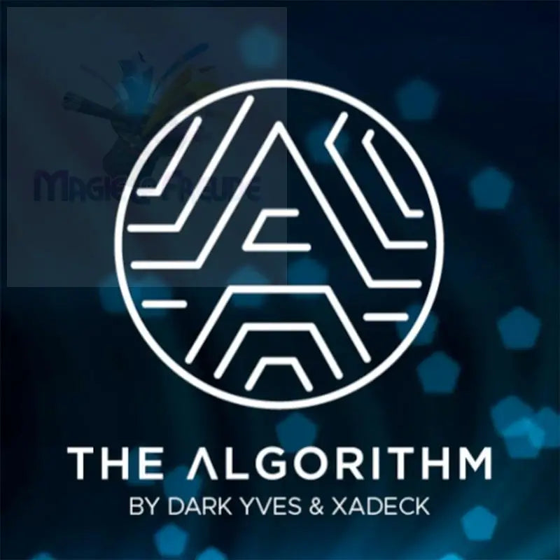 Ein weißes, kreisförmiges Logo mit einem stilisierten ’A’ und dem Text ’THE ALGORITHM BY DARK YVES & XADECK’ auf einem dunkelblauen Hintergrund mit verschwommenen sechseckigen Formen in Petrol.