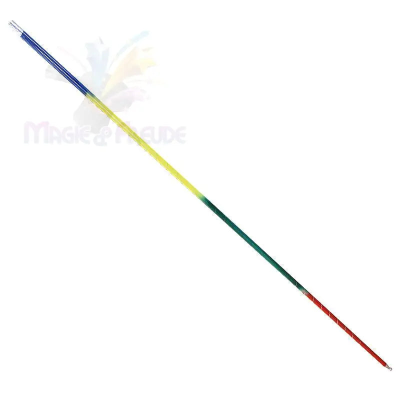 Ein mehrfarbiger Fiberglas-Voltigierstab mit einer blauen Spitze, einer gelben Mitte und einer roten Spitze.