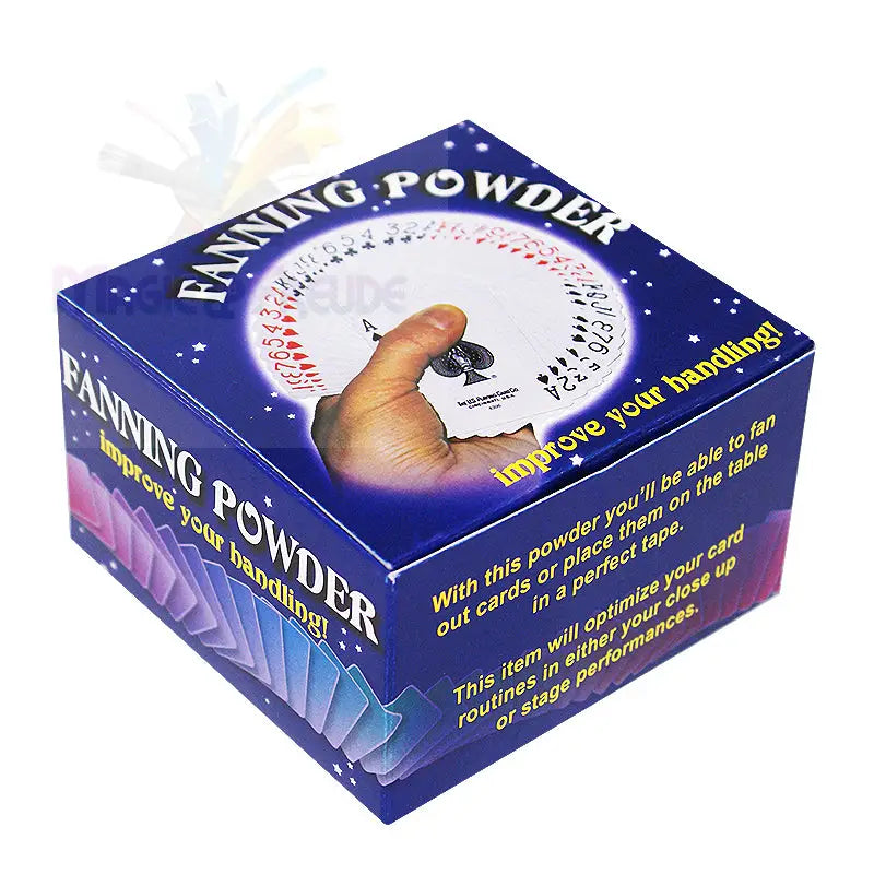 Eine blaue Schachtel mit Fächerpulver für die Bearbeitung von Karten.