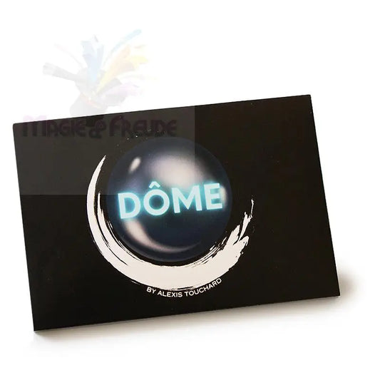 Eine schwarze, rechteckige Schachtel mit einem leuchtend blauen ’DÔME’-Logo und einem weißen, kreisförmigen Pinselstrichmuster.