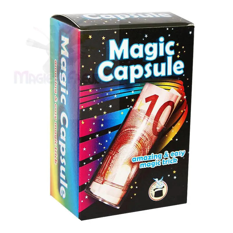 Eine schwarze Pappschachtel für einen ’Magic Capsule’-Trick mit der Grafik eines aufgerollten 10-Euro-Scheins und dem Text ’erstaunlicher & einfacher Zaubertrick’.