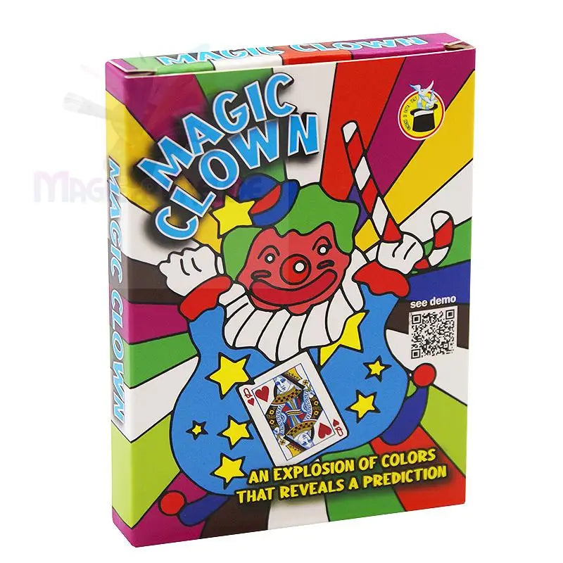 Eine bunte Schachtel für einen Zaubertrick mit einem Clown und einer Spielkarte.