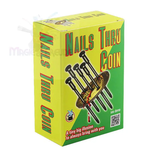 Eine leuchtend gelbe und grüne Zaubertrickbox mit einer Illusion von Nägeln, die eine Münze durchbohren.