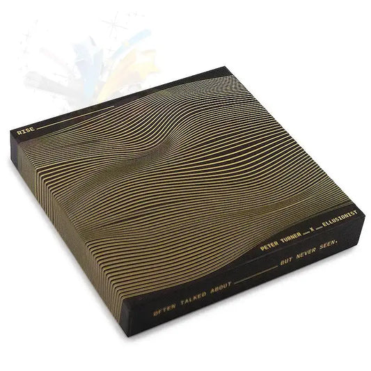 Schwarze Zaubertrick-Box mit goldenen Wellenlinien und Aufschrift, modernes Design