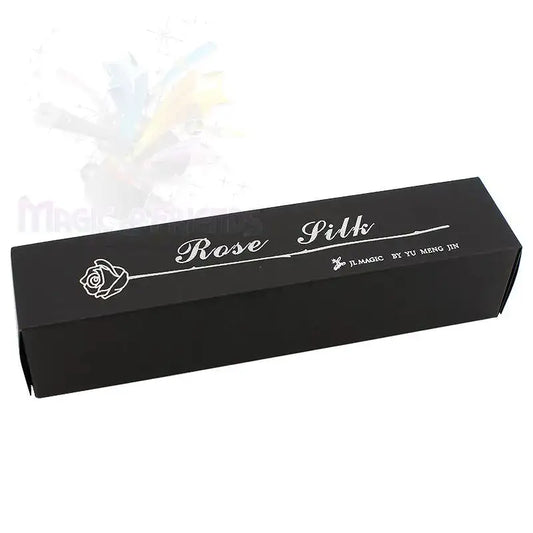 Schwarze rechteckige Box mit weißer Rose und Aufschrift 'Rose Silk' für Zaubertricks