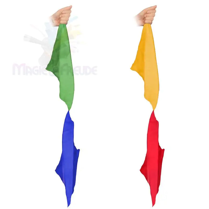Zwei Sets aus miteinander verbundenen magischen Seidenschals, einer in Grün und Blau, der andere in Gelb und Rot.