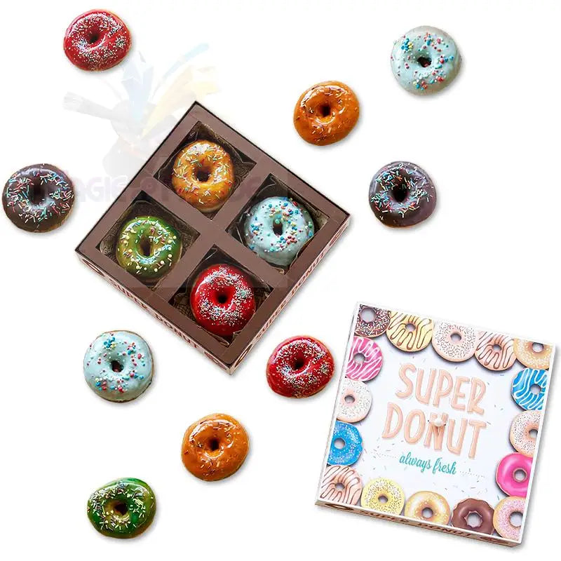 Eine Vielzahl von bunten, gefrosteten Donuts, einige davon in einer Geschenkbox verpackt.