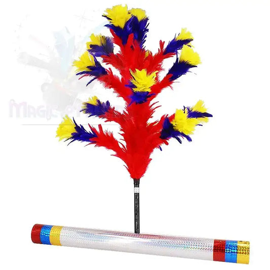 Magischer Federstrauß in Rot, Gelb und Blau mit glitzernder Metallröhre für Zaubertricks