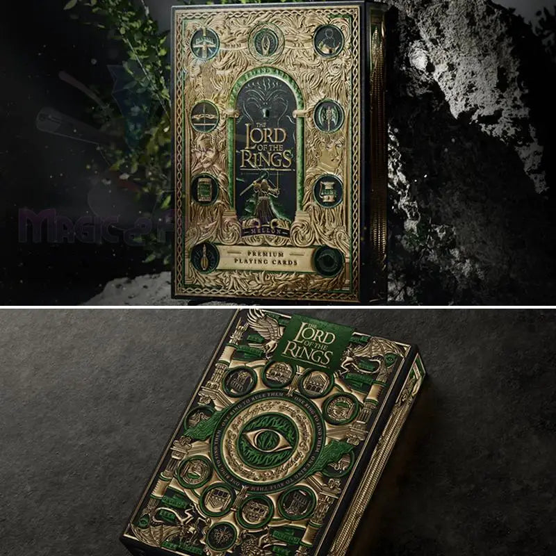 The Lord of the Rings Spielkarten mit edlem gold-grünem Motiv, detailreich verziert.