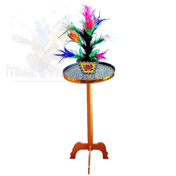 Zaubertrick Blumentopf mit bunten Federn auf rundem Tisch, Magierzubehör für Zaubershows