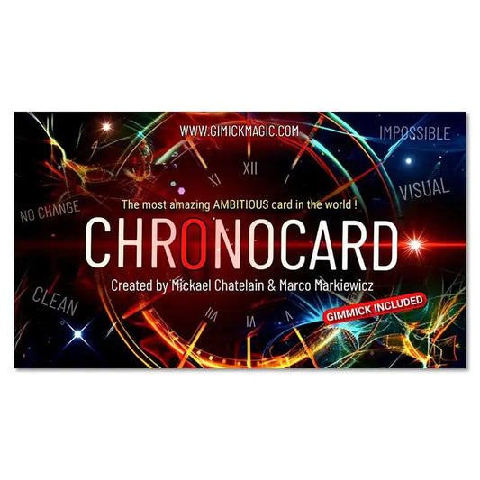 CHRONOCARD Zaubertrick Verpackung mit buntem Uhr-Design, Werbetext und Gimmick-Hinweis