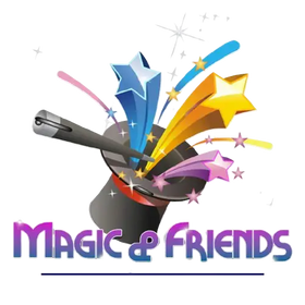 Zauberhut mit Zauberstab, bunten Sternen und Schriftzug Magic & Friends, Magie Logo
