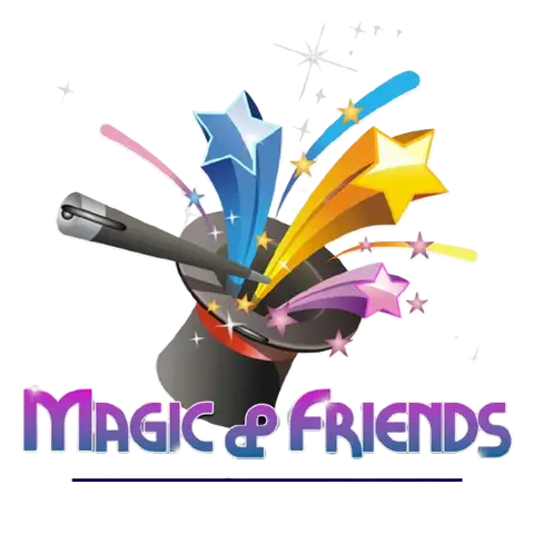 Zauberhut mit Zauberstab, bunten Sternen und Schriftzug Magic & Friends, Magie Logo