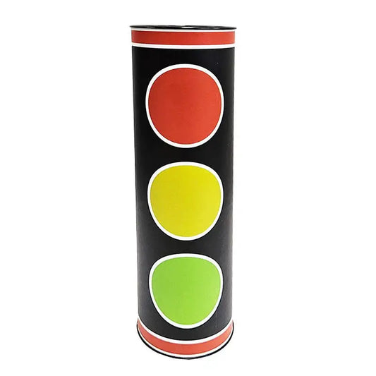 Zylinderförmiges Zaubertrick-Requisit mit Ampelmuster in Rot, Gelb und Grün.