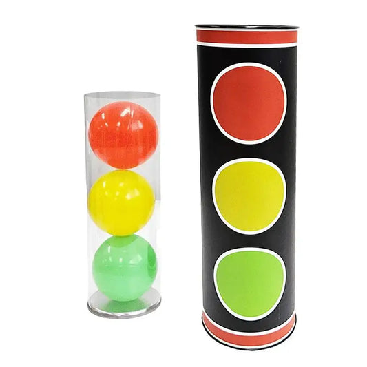 Zaubertrick-Set mit drei bunten Bällen in Röhre und magischer Hülle, ideal für Kinderzauberei