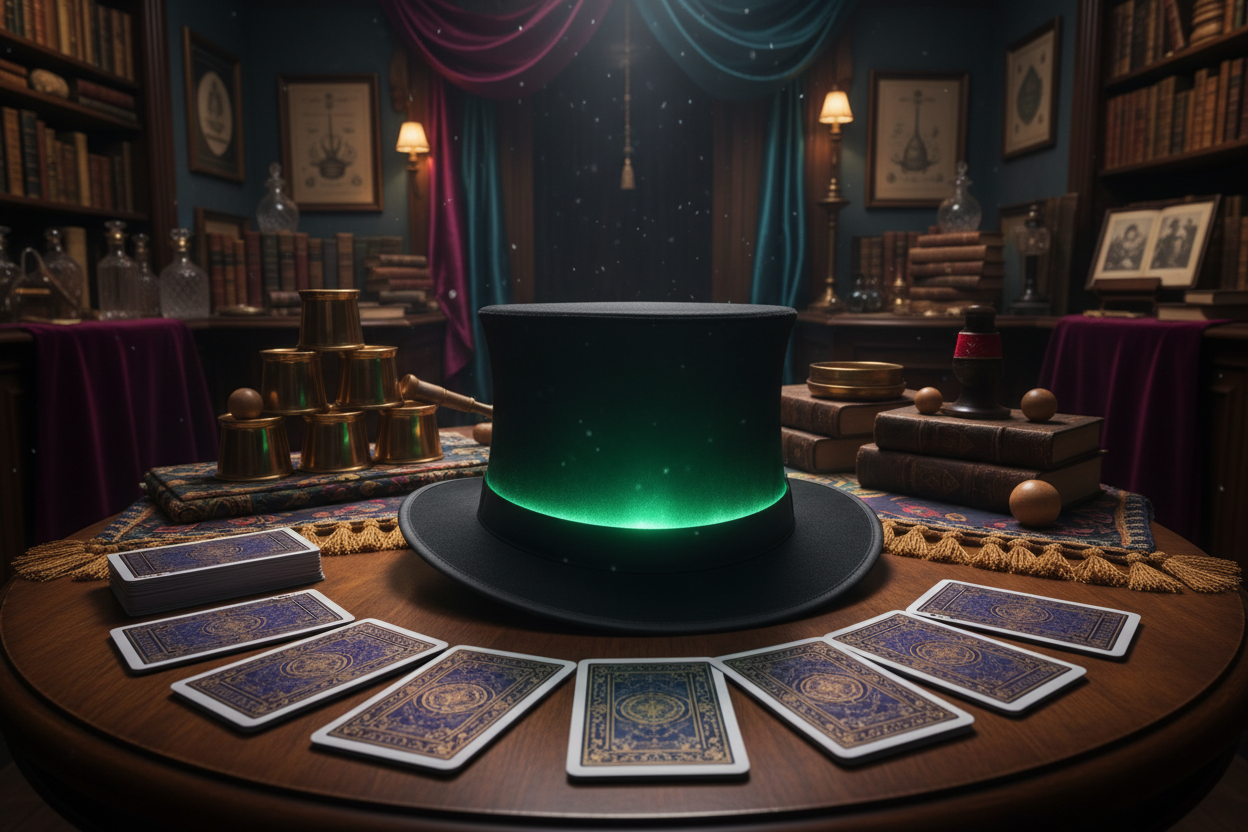 Zaubershop Bild für DeinZaubershop.com mit einem magischen Hut, Spielkarten und Bechern mit Bällen.
