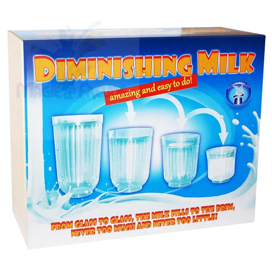 Ein Zaubertrickkasten mit der Illusion, dass die Milch in den Gläsern abnimmt.