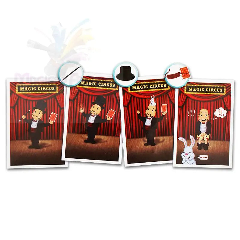 Eine Folge von vier Cartoon-Karten, die die Nummer eines Zauberers mit Zauberstab, Zylinder und einem Kaninchen darstellen, für ein Spiel mit dem Thema ’Magischer Zirkus’.