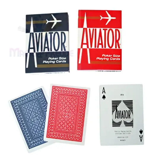 Zwei Decks Aviator-Spielkarten, eine rote und eine blaue, mit einem Pik-Ass und zwei Kartenrückseiten.