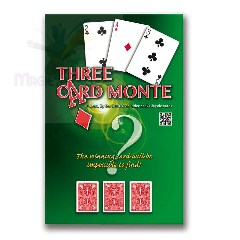 Ein Zaubertrickset mit drei Spielkarten, von denen eine eine rote Raute ist, und einer Anleitung für ein ’Three Card Monte’-Spiel.