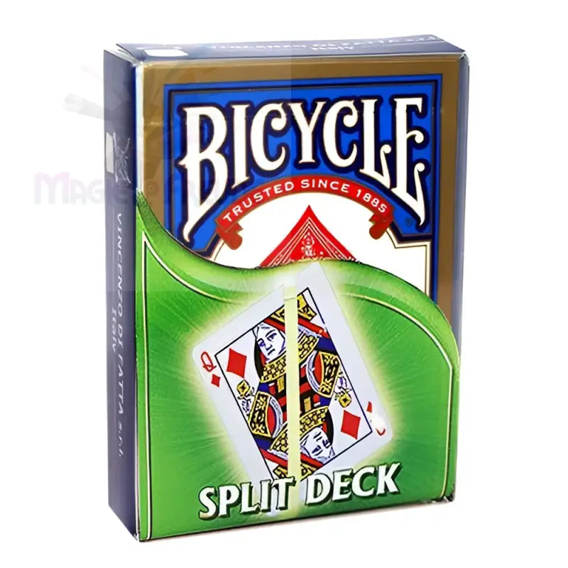 Ein Bicycle-Spielkartensatz, speziell eine ’Split Deck’-Version, die eine in zwei Hälften geteilte Karo-Dame zeigt.