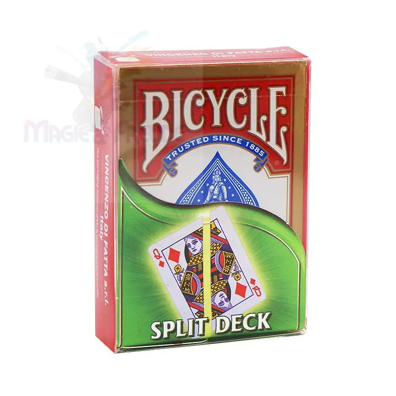 Eine rot-goldene Spielkartenbox der Marke Bicycle mit der Aufschrift ’Split Deck’.