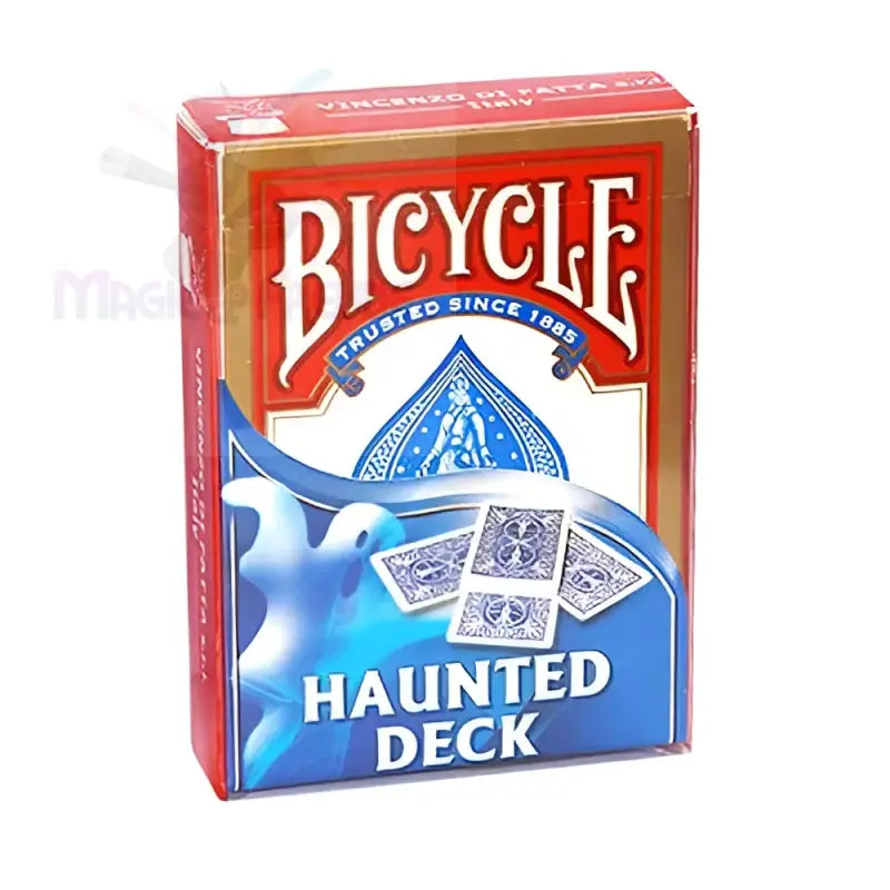 Eine rote und blaue Schachtel mit Bicycle Haunted Deck Spielkarten.