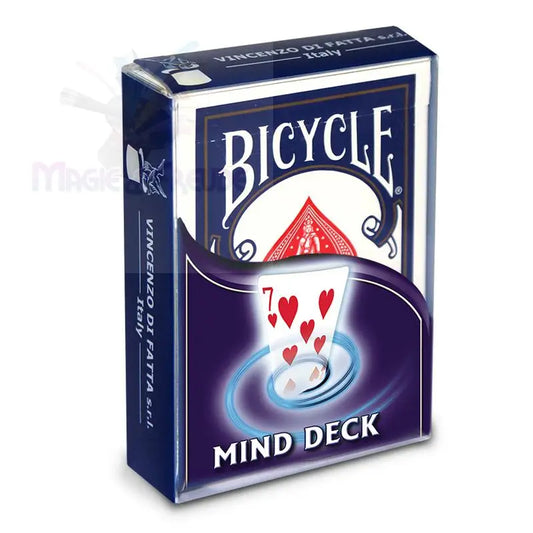 Eine Schachtel mit Bicycle ’Mind Deck’ Spielkarten, die eine Herz 7 zeigen.