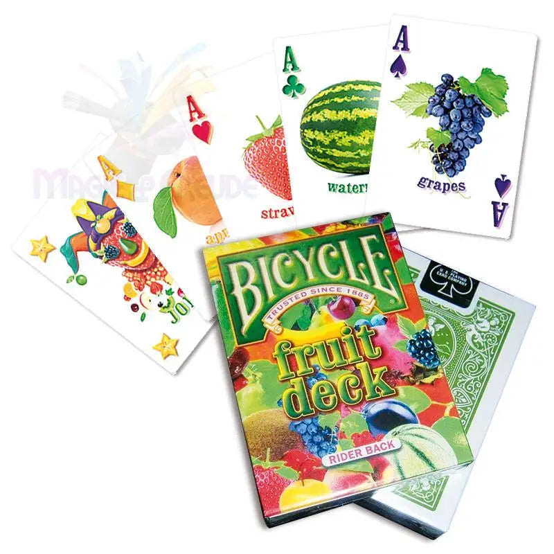 Ein Bicycle Fruit Deck mit Spielkarten mit Frucht-Assen und einem Joker.