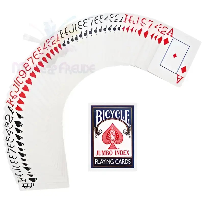 Ein gefächertes Deck von Bicycle Jumbo Index Spielkarten mit einer auffälligen Kartenbox.