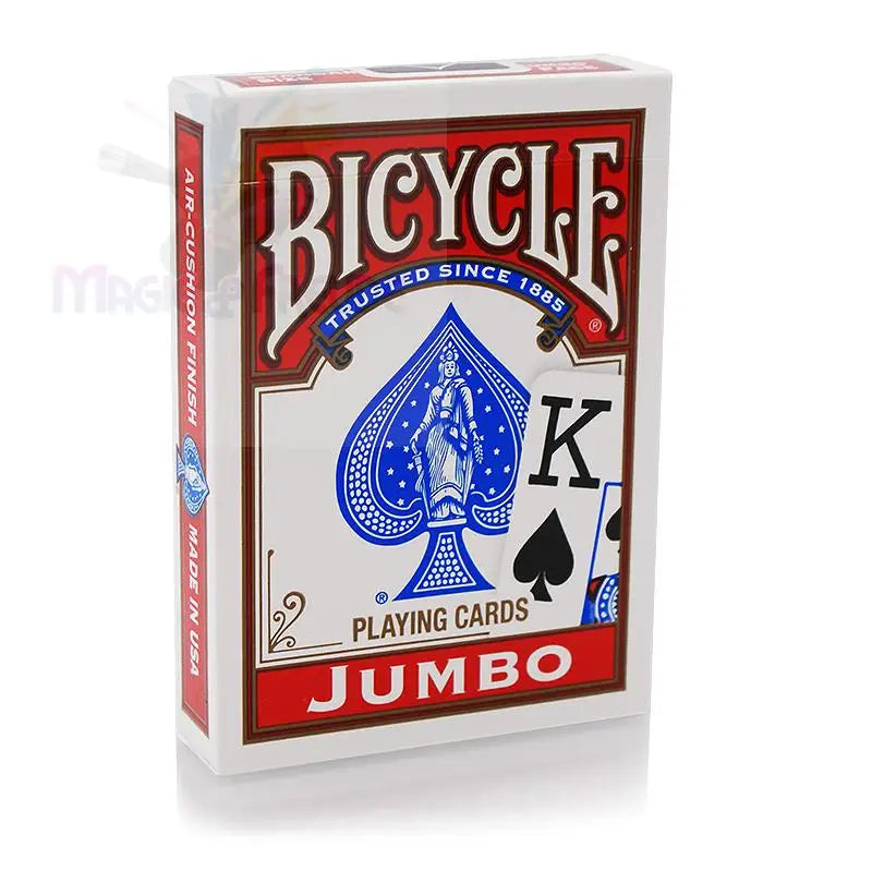 Ein einzelnes Deck von Spielkarten der Marke Bicycle ’Jumbo’ in einer rot-weißen Schachtel.