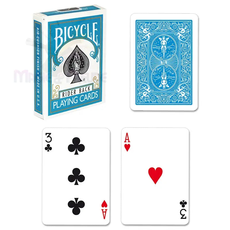 Ein Satz Bicycle Rider Back Spielkarten, einschließlich der Tuckbox, einer Kartenrückseite und zwei Bildkarten (Kreuz 3 und Herz-Ass).