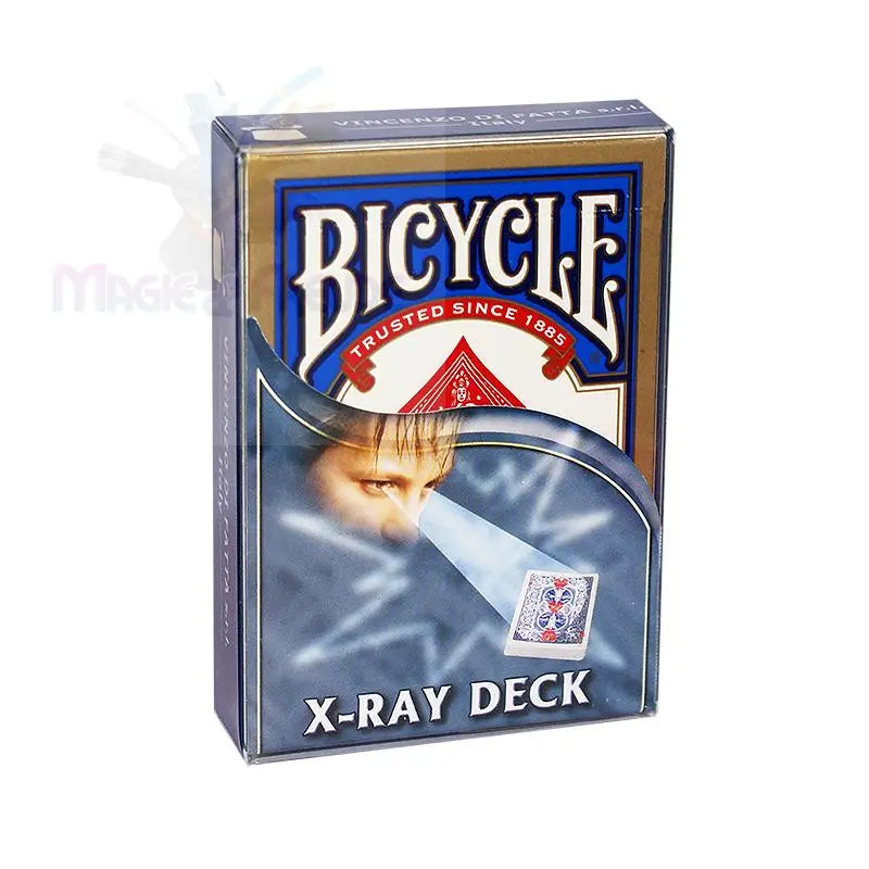 Ein ’X-Ray Deck’ der Marke Bicycle mit Spielkarten in einer blau-goldenen Tuck-Box.