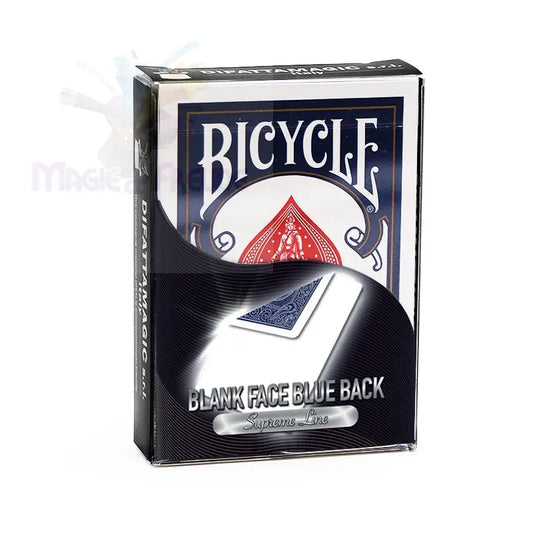 Ein Satz Spielkarten der Marke Bicycle mit leeren Vorderseiten und blauen Rückseiten.