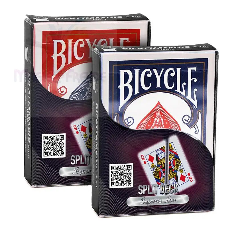 Zwei Decks von Bicycle ’Split Deck’ Spielkarten, ein rotes und ein blaues.
