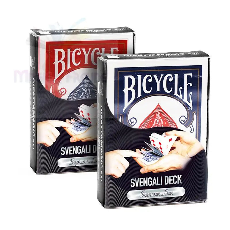 Zwei Bicycle Svengali-Spielkartendecks, ein rotes und ein blaues.