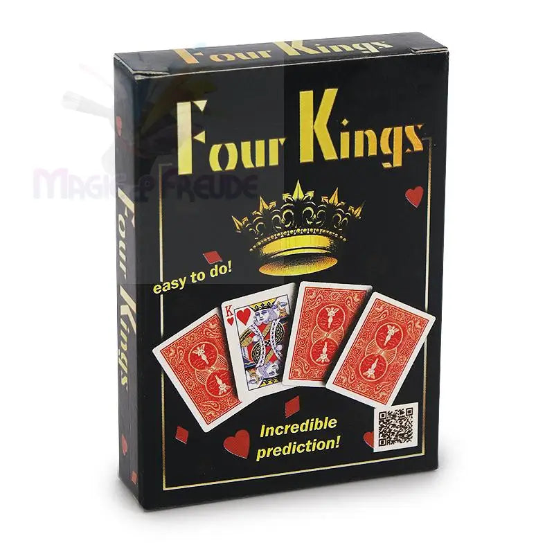 Eine schwarze Spielkartenschachtel mit der Aufschrift ’Four Kings’ in goldener Schrift, einer goldenen Krone und einem Bild von vier Karten mit rotem Hintergrund, wobei ein Herzkönig offen liegt.