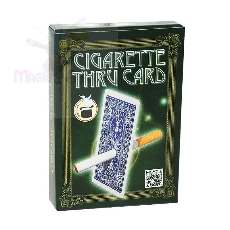 Ein Zaubertrickkasten mit einer Zigarette, die durch eine Spielkarte geht.