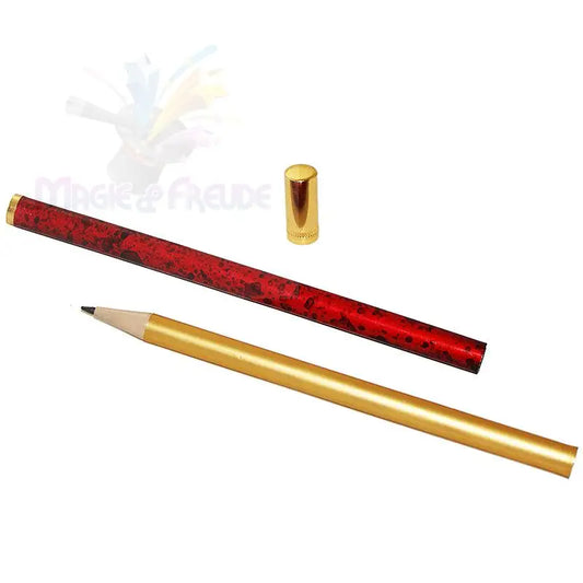 Ein goldener Bleistift mit einer separaten rot und gold gemusterten Schutzhülle und einer goldenen Kappe.