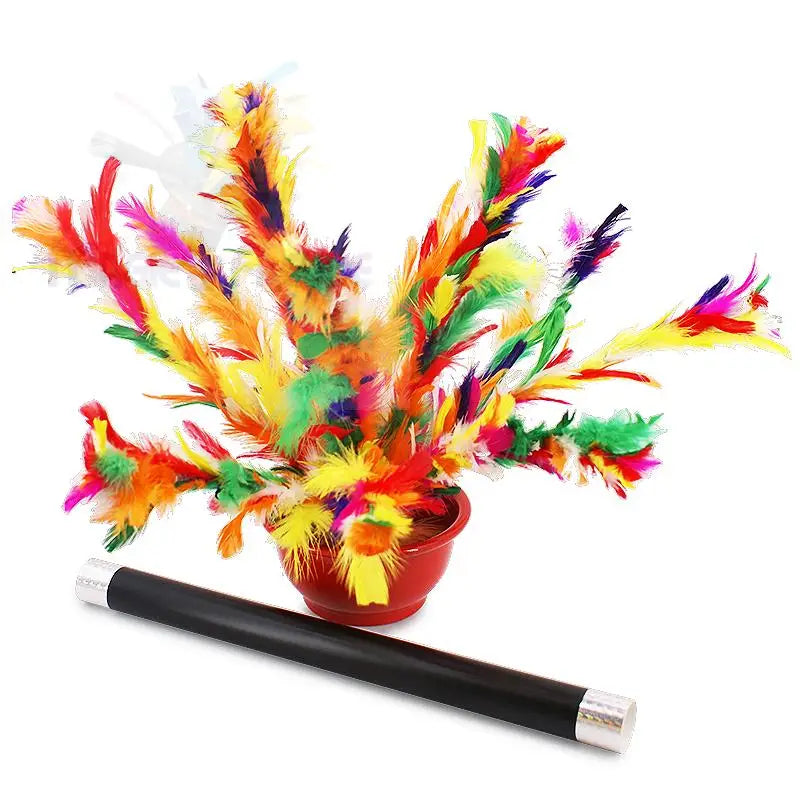 Ein bunter Blumentopf mit Federn und einem Zauberstab.