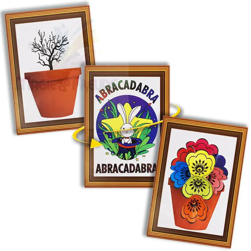 Ein Zaubertrick mit drei gerahmten Bildern, die einen kahlen Baum in einem Topf in einen bunten Blumenstrauß verwandeln.