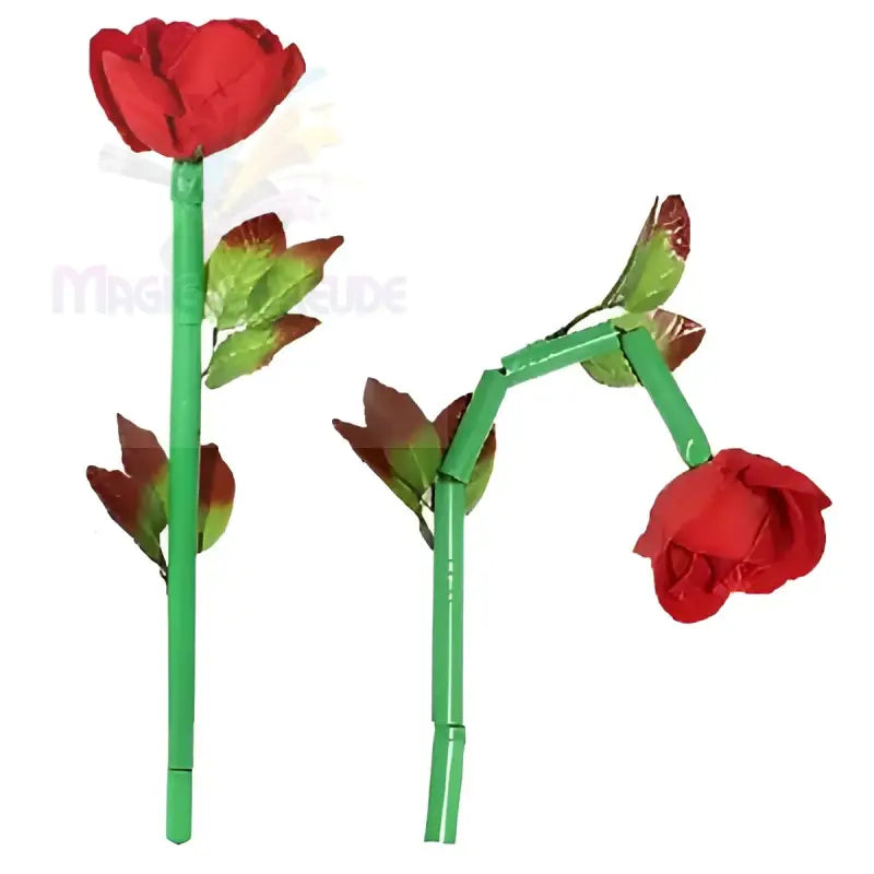 Ein flexibles rotes Rosenspielzeug mit einem segmentierten grünen Stiel.