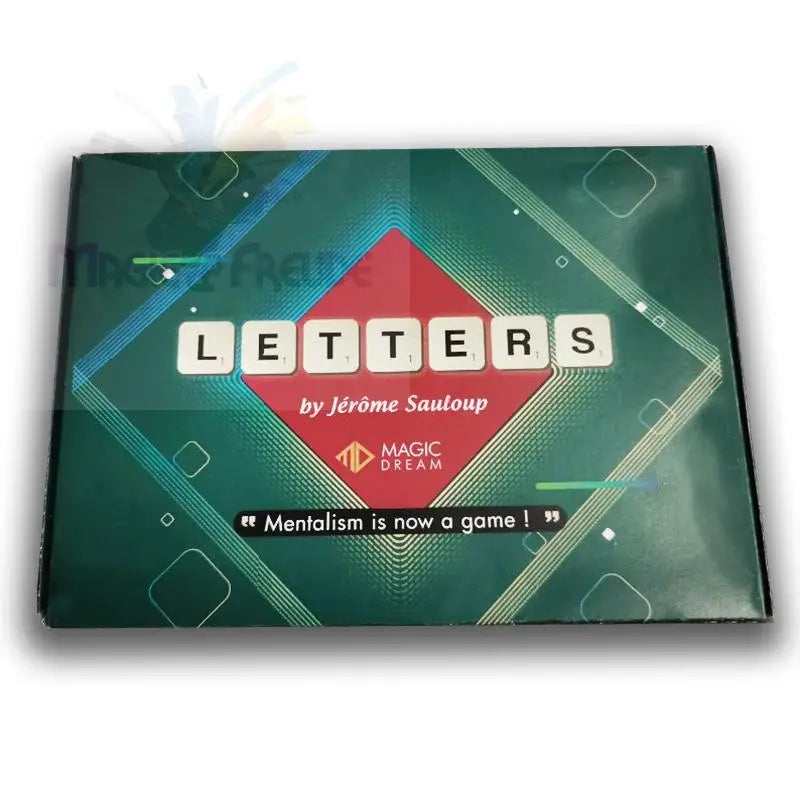 Eine Brettspielschachtel mit dem Titel ’LETTERS’ von Jérôme Sauloup, mit einem ’Magic Dream’-Logo und dem Slogan ’Mentalism is now a game!’.