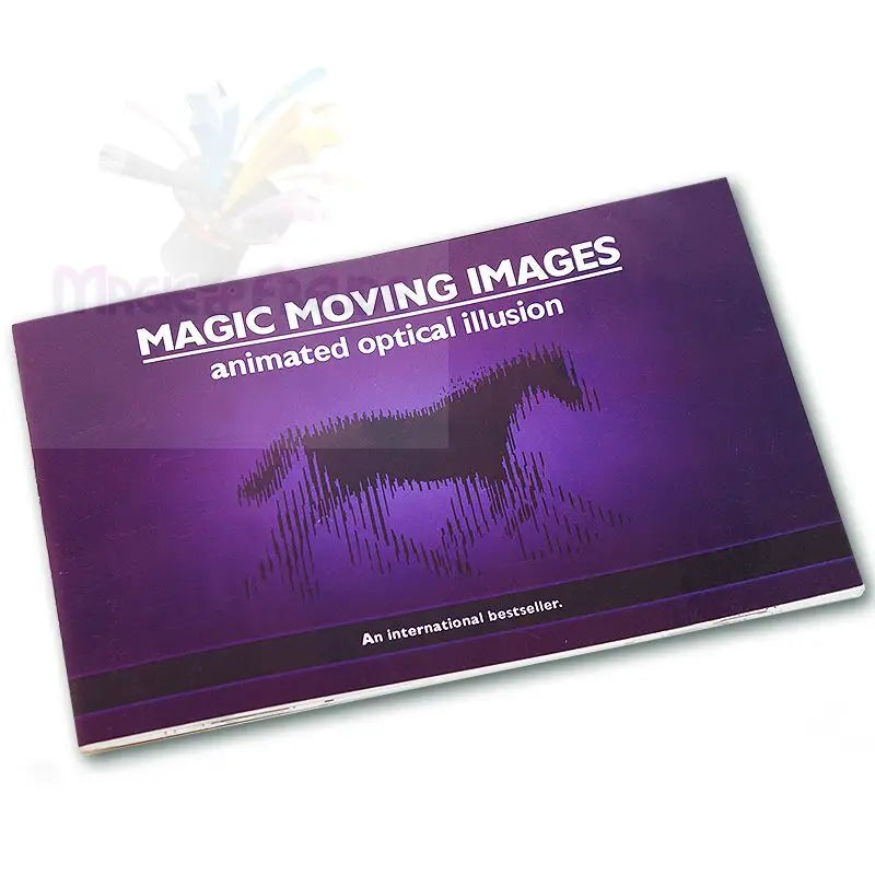 Ein lilafarbenes Buch mit dem Titel ’Magic Moving Images: animierte optische Täuschung’ mit einer Pferdegrafik.