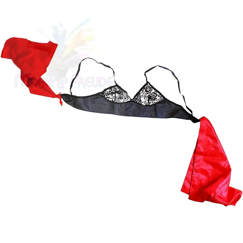 Ein schwarzer Spitzen-Bralette mit roten Satinbändern.