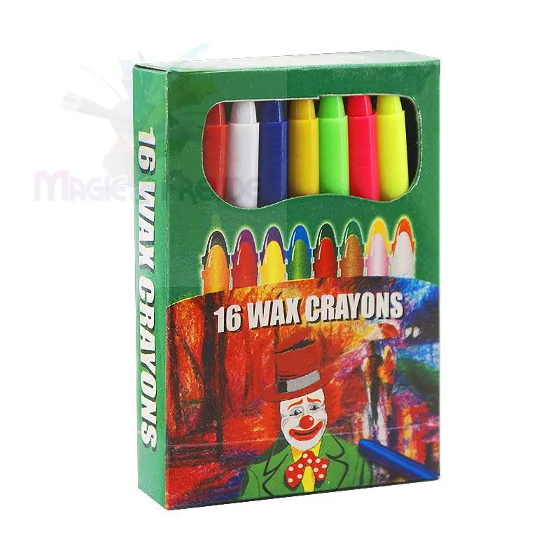Eine grüne Schachtel mit 16 Wachsmalstiften, die eine Clown-Illustration zeigen.