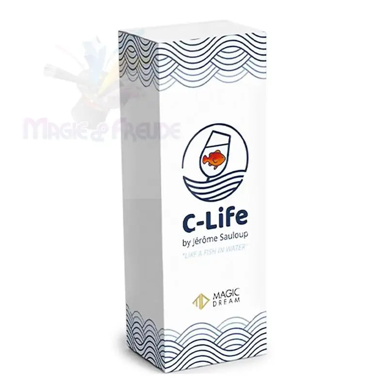 Weiße rechteckige Schachtel mit einem Logo, das einen Goldfisch in einem Glas, umgeben von Wellen, darstellt.