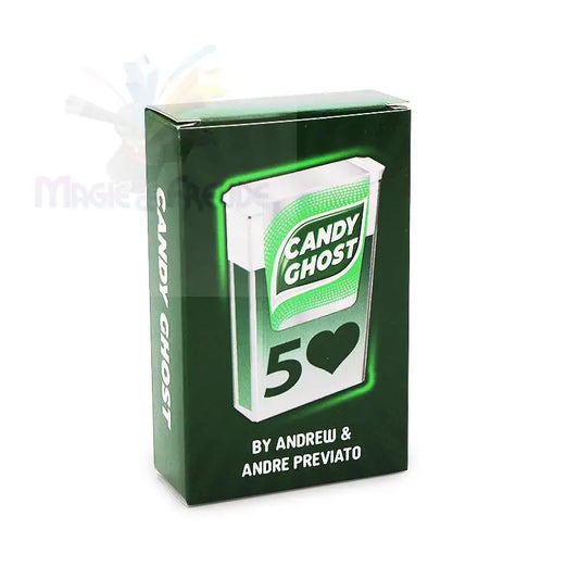 Eine dunkelgrüne Schachtel mit Candy Ghost Minzbonbons mit dem Spielkartenmotiv ’Herz 5’’.